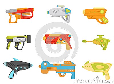 Toy gun set, weapon pistols and blasters for kids game vector Illustration on a white background Vector Illustration