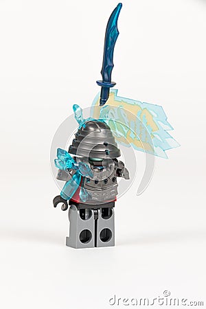 Toy hero general vex with a scimitar in armor from a set of lego ninjago on a white background Editorial Stock Photo