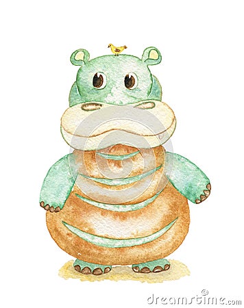 Toy hippopotamus. Hippo. Watercolor illustration. Cartoon Illustration