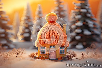 A toy house in the snow in winter is covered with a hat. The concept of keeping warm Stock Photo