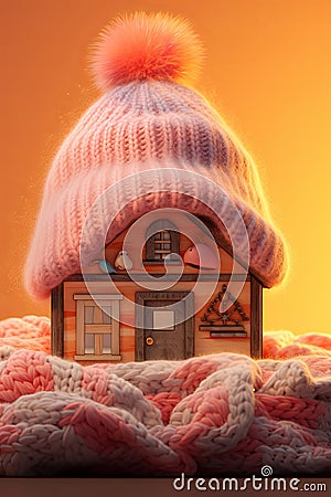 A toy house in the snow in winter is covered with a hat. The concept of keeping warm Stock Photo