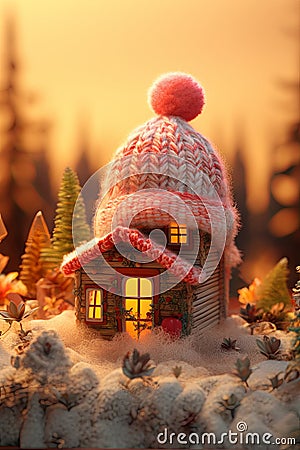 A toy house in the snow in winter is covered with a hat. The concept of keeping warm Stock Photo