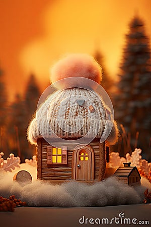 A toy house in the snow in winter is covered with a hat. The concept of keeping warm Stock Photo