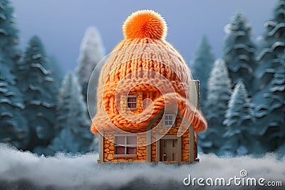 A toy house in the snow in winter is covered with a hat. The concept of keeping warm Stock Photo