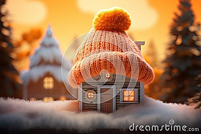 A toy house in the snow in winter is covered with a hat. The concept of keeping warm Stock Photo