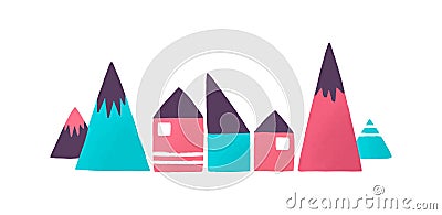 Toy houses and mountains flat vector illustration. Conical childish playthings. Kid game, building kit. Abstract rural Vector Illustration