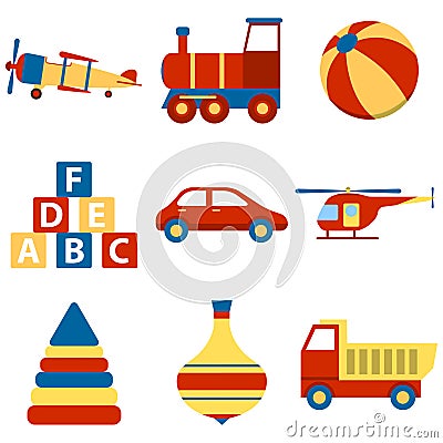 Toy icon collection, vector color illustration. Set colorful children toys cartoon. Toys for child to play Cartoon Illustration