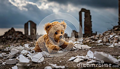 Toy inbetween ruins. Dark cloudy sky. Stock Photo