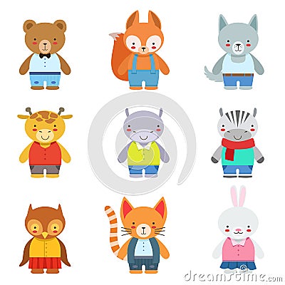 Toy Kids Animals In Clothes Vector Illustration