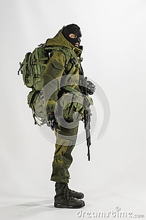 Toy man 1/6 scale soldier action figure army miniature realistic white background Stock Photo