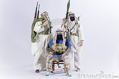Toy man soldier action figure miniature realistic silk white background Stock Photo