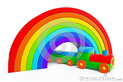 Toy multicolor train under rainbow bridge Stock Photo