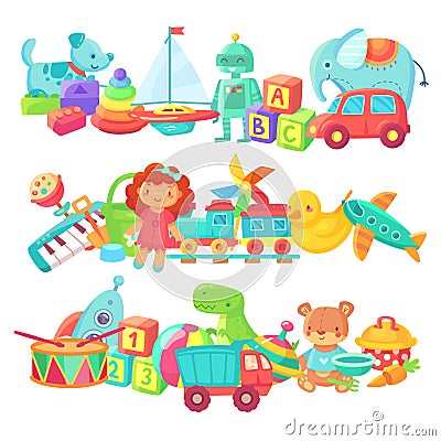 Toy piles. Kids toys groups. Cartoon baby doll and train, ball and cars, boat isolated children vector set Vector Illustration