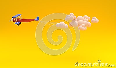 Toy plane towing clouds on yellow room background. minimal cloud shapes. minimal idea concept. 3D render. Stock Photo