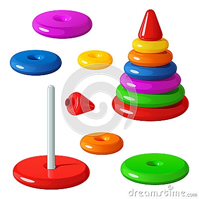 The toy is a pyramid made of smooth plastic rings, strung on a rod, with a red cone at the top. Assembled and disassembled. Vector Illustration