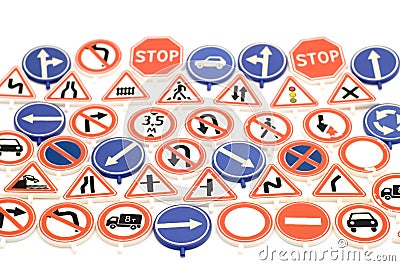 Toy road sign background Stock Photo