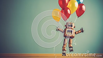 A toy robot holding several balloons on a table. Generative AI image. Stock Photo