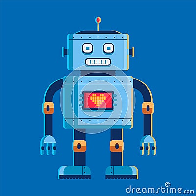 Toy robot stands and looks at us. on the chest screen with a heart. Cartoon Illustration