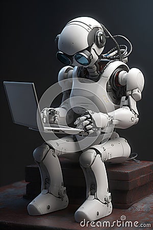 Toy robot types on laptop keyboard sitting on rust metal block AI generative image Cartoon Illustration