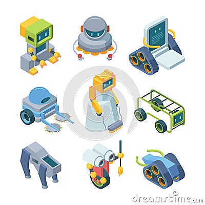 Toy robots helpers isometric set.. Miniature paintwork on wheels futuristic devices with artificial intelligence Vector Illustration