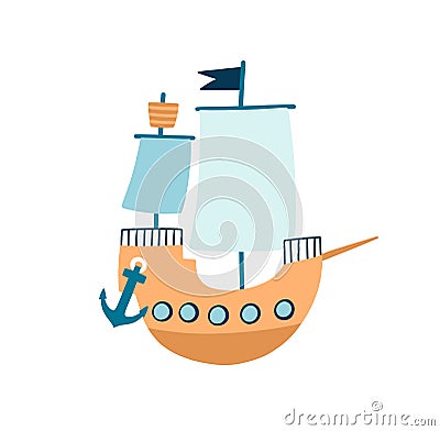 Toy ship flat vector illustration. Children plaything, childhood accessory. Minimalistic sailboat, old fashioned Vector Illustration