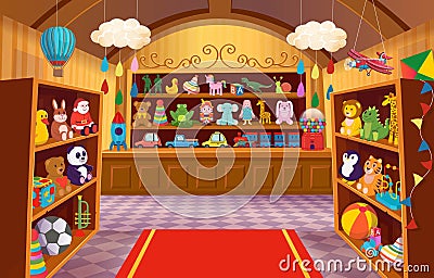 Toy shop with shelves of toys. Big set of colorful toys for children. Cartoon vector illustration Vector Illustration