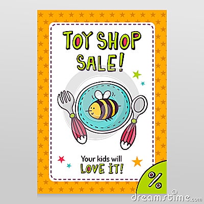 Toy shop vector sale flyer design baby tableware - plate, fork a Vector Illustration