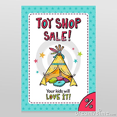 Toy shop vector sale flyer design with Indian wigwam for kids Vector Illustration