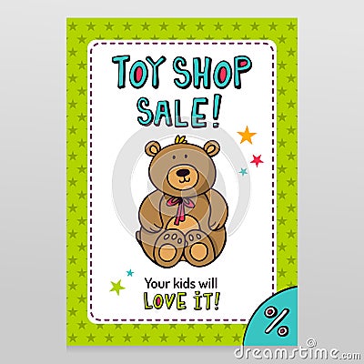 Toy shop vector sale flyer design with Teddy bear Vector Illustration