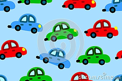 Toy simple cars, children drawing of a auto, a seamless pattern of automobile and road signs Vector Illustration