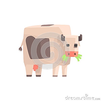 Toy Simple Geometric Farm Cow Browsing With Mouth Full Of Grass, Funny Animal Vector Illustration Vector Illustration