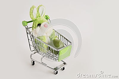 Toy soft green rabbit and green painted natural chicken egg in a small shopping cart. Stock Photo