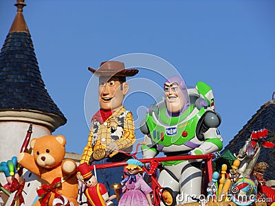 Toy story, Buzz Lightyear and Woody on a float at Disneyland Paris Editorial Stock Photo