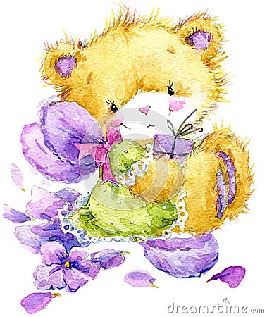 Toy Teddy bear and flower violet. watercolor illustration Cartoon Illustration