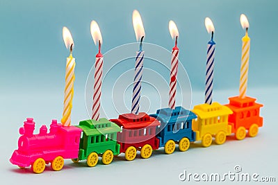 Toy Train and Birthday Candles Stock Photo