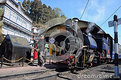 A toy train engine at Ghoom railway station of Darjeeling,India. Editorial Stock Photo