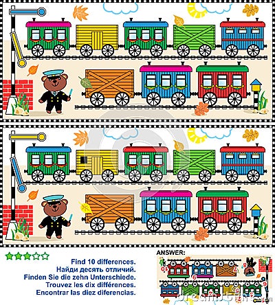 Toy train find the differences picture puzzle Vector Illustration
