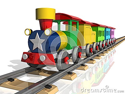 Toy train with multicolored carriages. 3d render Stock Photo