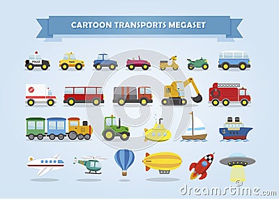 Mega set of cars, vehicles, and other transports. Cartoon Illustration