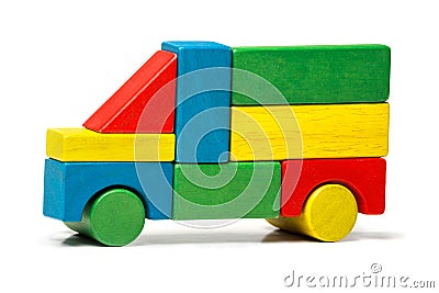 Toy truck, multicolor car wooden blocks transport Stock Photo