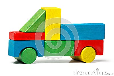 Toy truck, multicolor car wooden blocks transport Stock Photo