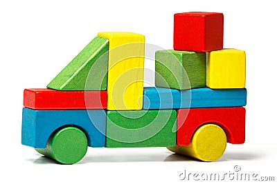 Toy truck, multicolor car wooden blocks transportation cargo Stock Photo