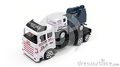 Toy truck with trailer transports telescopic lift on white background. Stock Photo