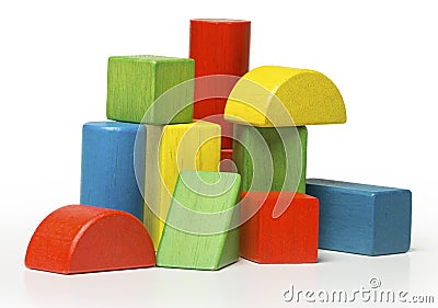 Toy wooden blocks, multicolor building bricks over whit Stock Photo