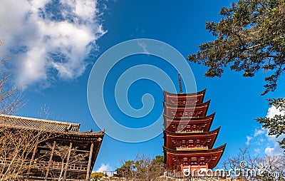 Toyokuni Shrine (Senjokaku) Five-storied pagoda in the Miyajima Stock Photo
