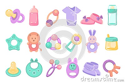 Toys and accessories for baby sett, newborn infant care, feeding and clothing vector Illustrations on a white background Vector Illustration