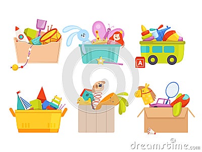 Toys box. Children toy cars rocket soccer bear gifts for kids vector packages collection Vector Illustration