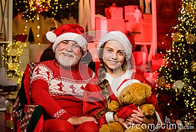 Toys collection. Happy childhood. Lovely present. Child enjoy christmas with grandfather Santa claus. Happiness and joy Stock Photo