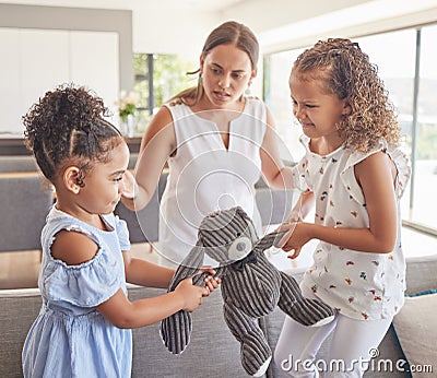 Toys fight, angry children and mother confused about kids in conflict, talking about problem and family communication in Stock Photo