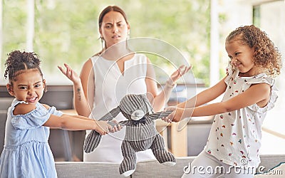 Toys, fight and kids with angry children in conflict while mother confused about family problems or communication. Girl Stock Photo